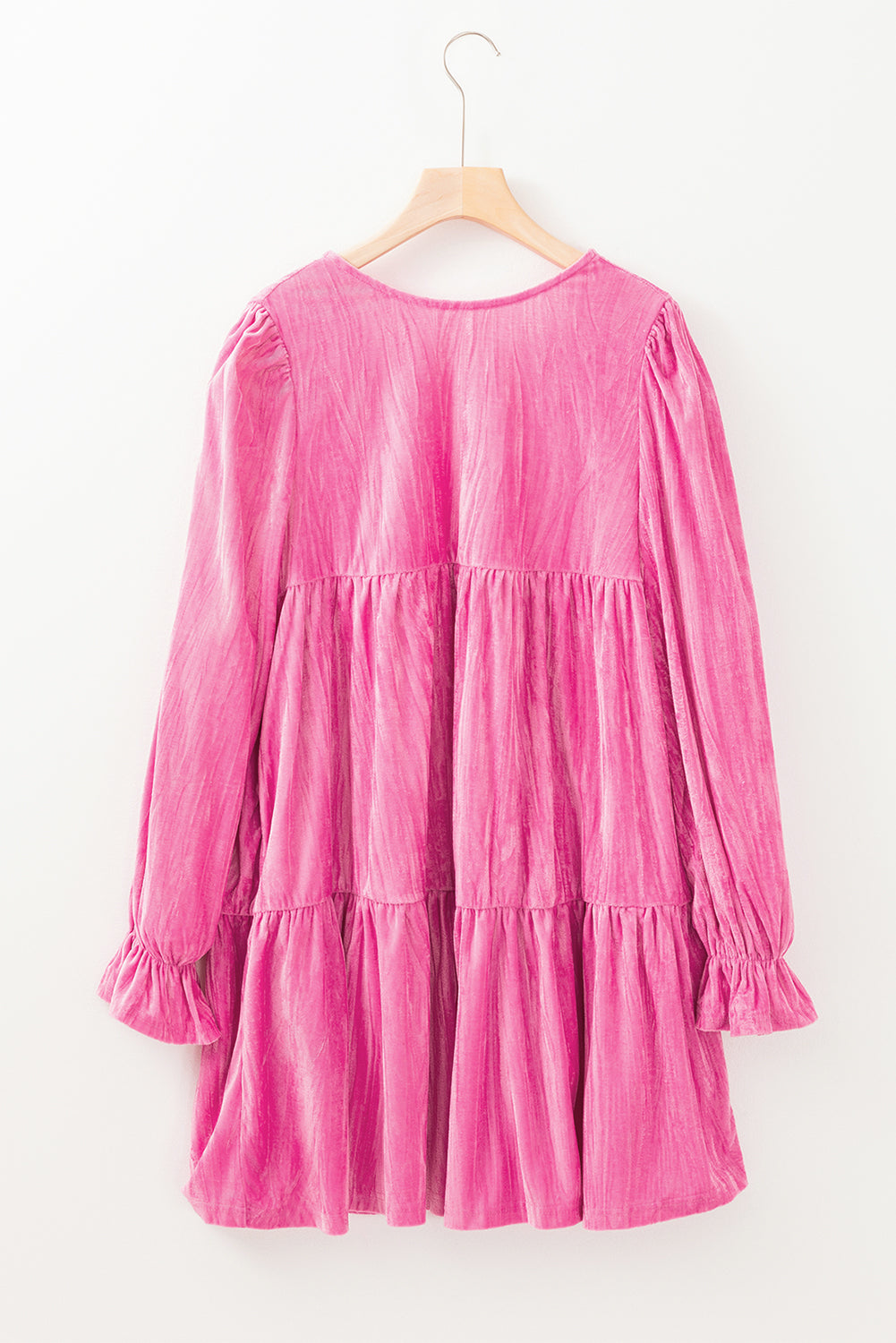 Strawberry Pink Flounce Sleeve Tiered Ruffled Velvet Mini Dress