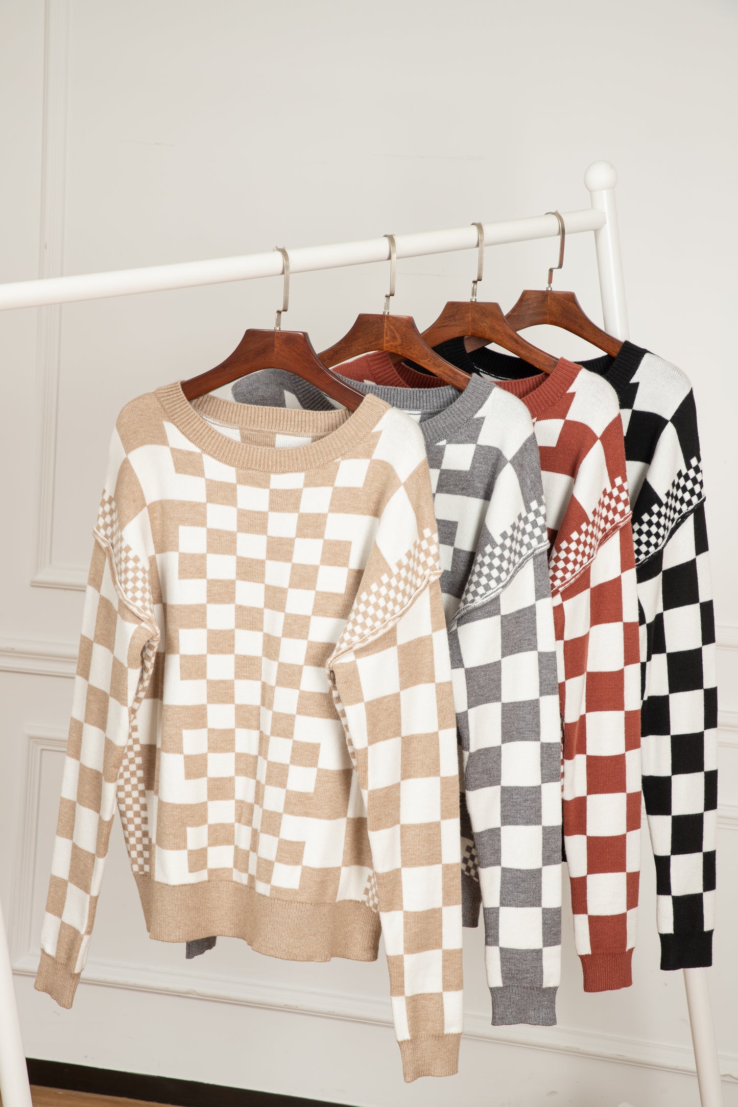 Brown Checkered Print Drop Shoulder Round Neck Sweater