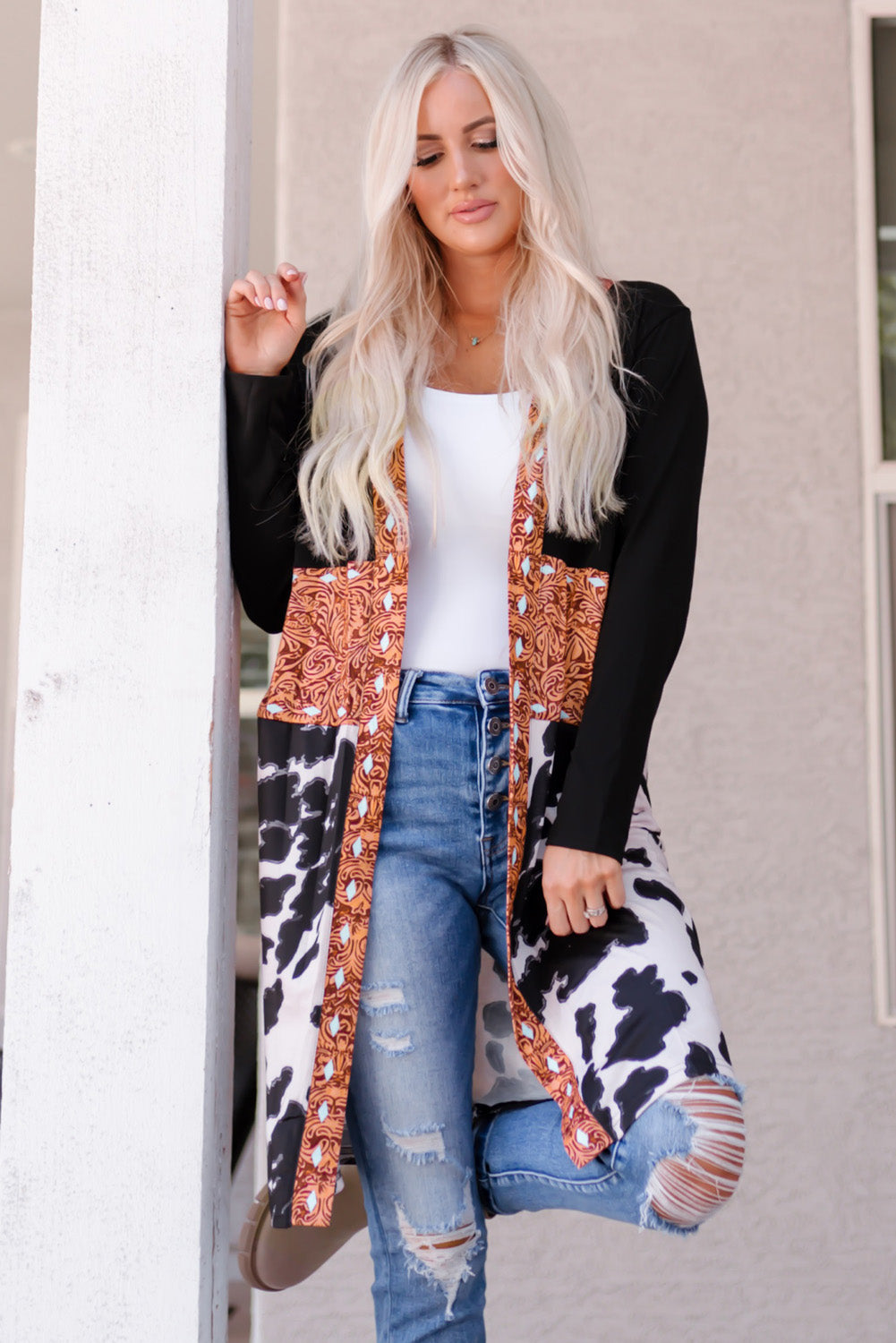 Black Western Pattern Cow Patchwork Open Front Cardigan