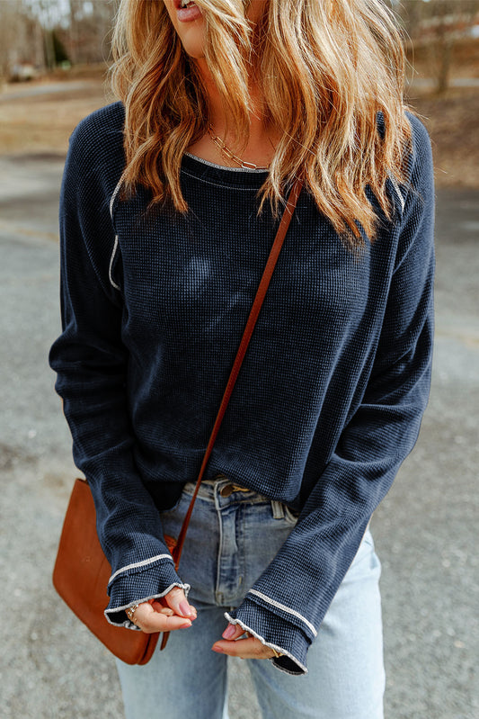 Blue Textured Round Neck Long Sleeve Top