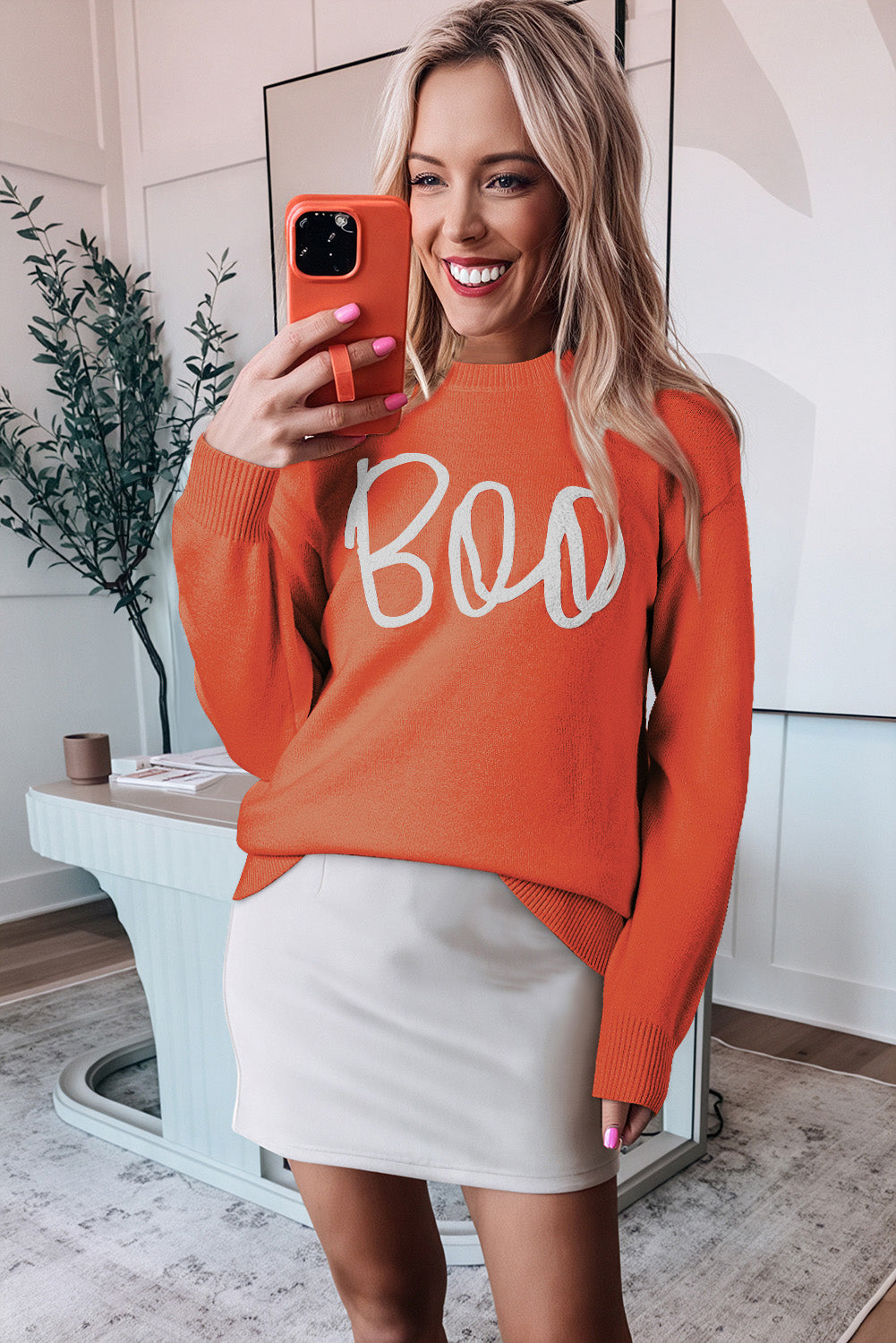 Orange Boo Knitted Pattern Ribbed Edge Drop Shoulder Sweater